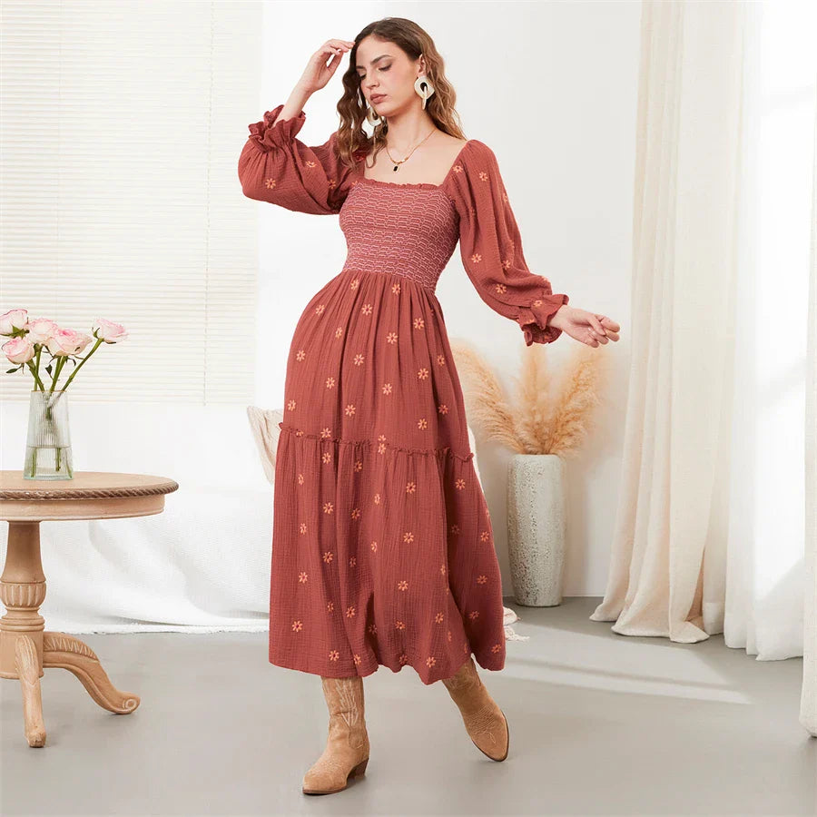 Vacation Dresses- Boho Floral Embroidered Long Dress for Casual Weddings- - Pekosa Women Fashion