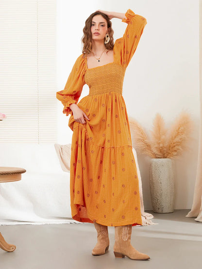 Vacation Dresses- Boho Floral Embroidered Long Dress for Casual Weddings- Orange- Pekosa Women Fashion