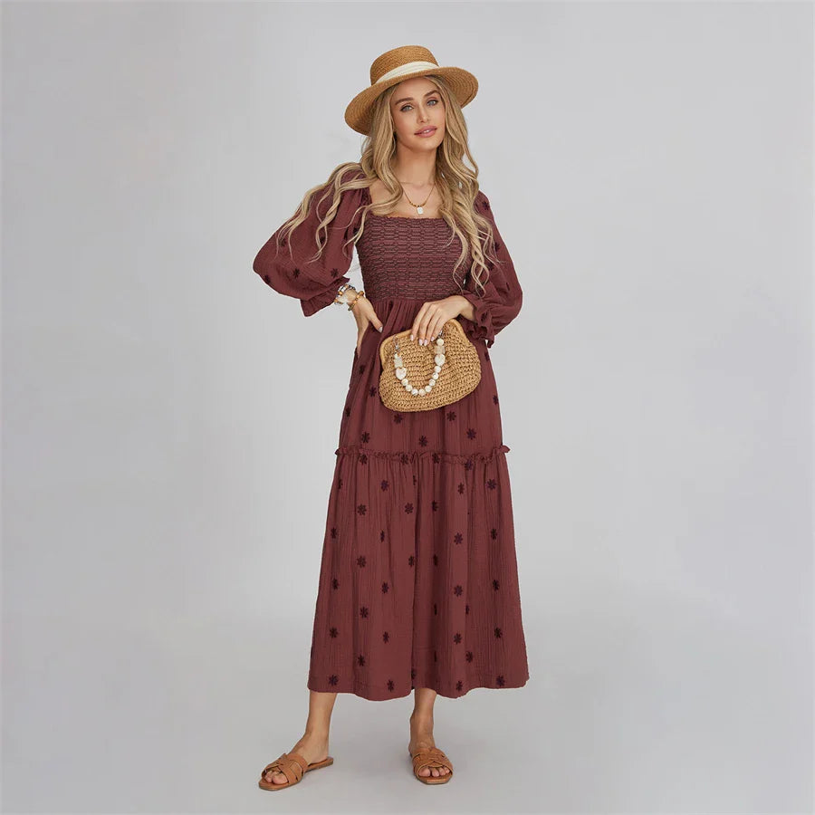 Vacation Dresses- Boho Floral Embroidered Long Dress for Casual Weddings- - Pekosa Women Fashion