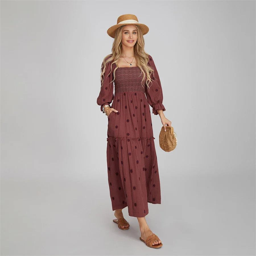 Vacation Dresses- Boho Floral Embroidered Long Dress for Casual Weddings- - Pekosa Women Fashion