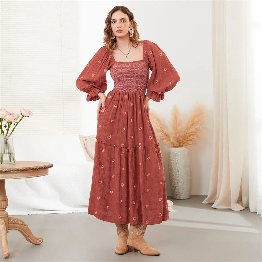 Vacation Dresses- Boho Floral Embroidered Long Dress for Casual Weddings- - Pekosa Women Fashion