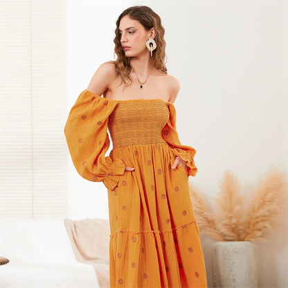 Vacation Dresses- Boho Floral Embroidered Long Dress for Casual Weddings- - Pekosa Women Fashion