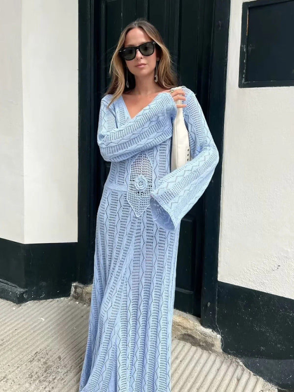 Vacation Dresses - Boho Knit Maxi for Beach Days Vacation Dress