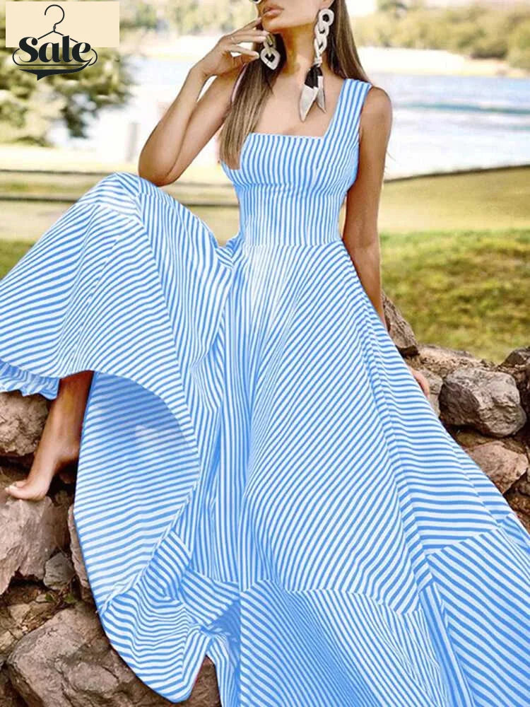 Vacation Dresses- Cocktail Couture Striped A-Line Maxi Dress- - Pekosa Women Fashion