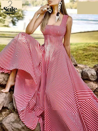 Vacation Dresses- Cocktail Couture Striped A-Line Maxi Dress- Red- Pekosa Women Fashion