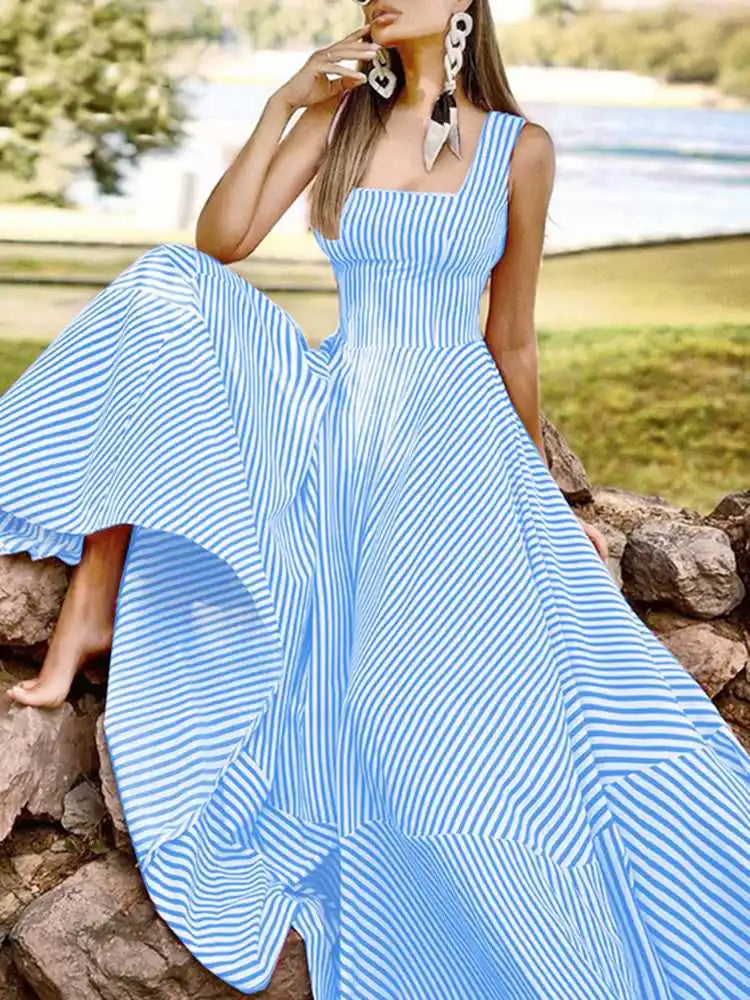 Vacation Dresses- Cocktail Couture Striped A-Line Maxi Dress- Blue- Pekosa Women Fashion