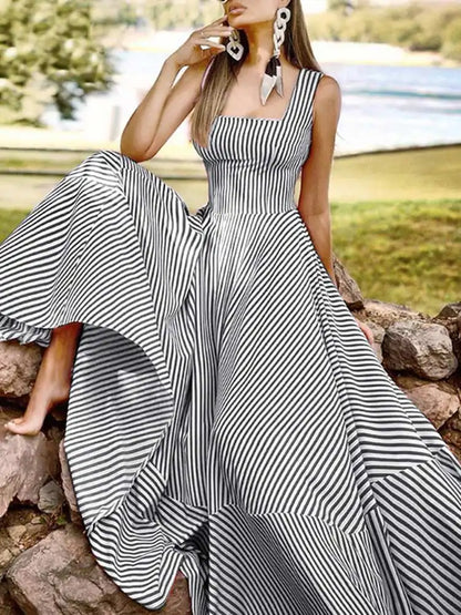 Vacation Dresses- Cocktail Couture Striped A-Line Maxi Dress- Black- Pekosa Women Fashion