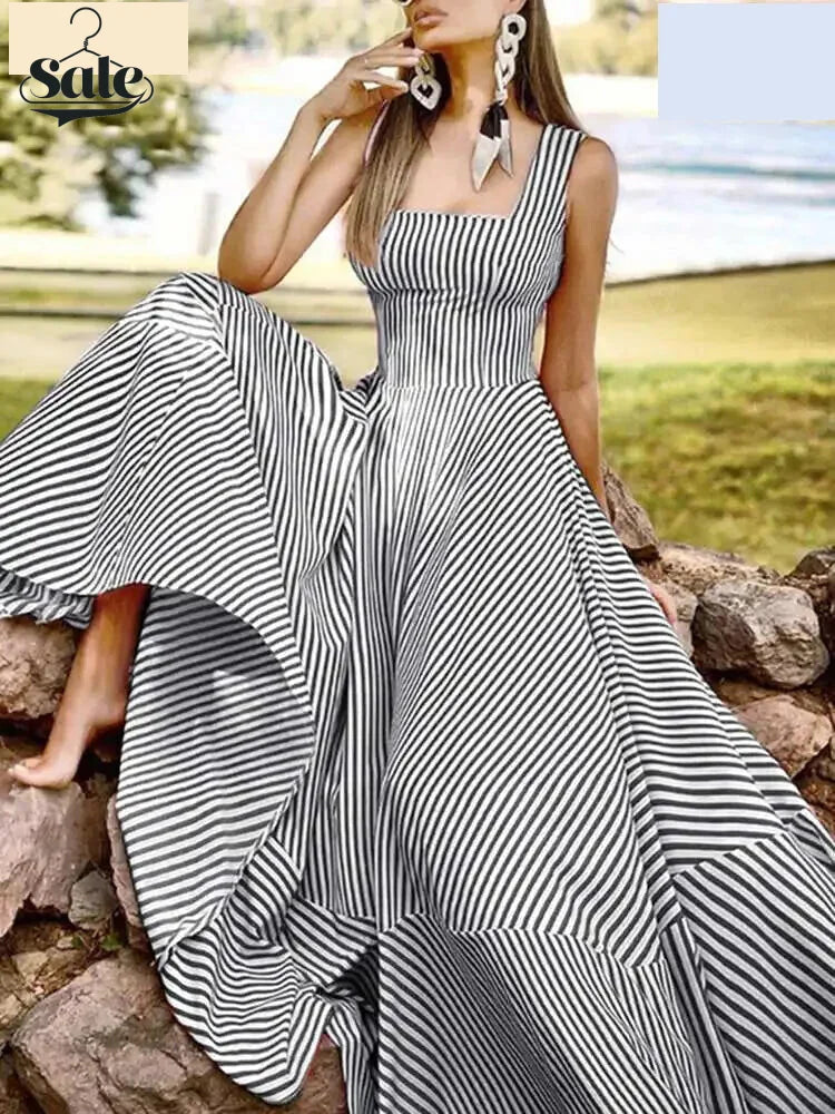 Vacation Dresses- Cocktail Couture Striped A-Line Maxi Dress- - Pekosa Women Fashion