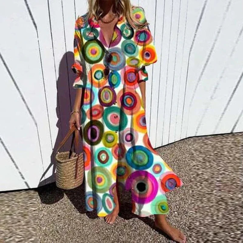 Vacation Dresses - Colorful Maxi Dress for Artsy Vacation Beach Events