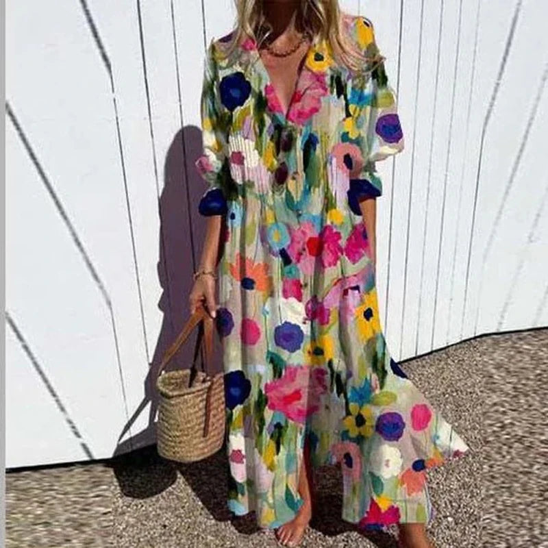 Vacation Dresses - Colorful Maxi Dress for Artsy Vacation Beach Events