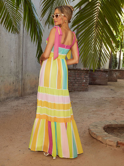 Vacation Dresses - Colorful Tiered Stripe Dress Tie-Shoulder Sundress