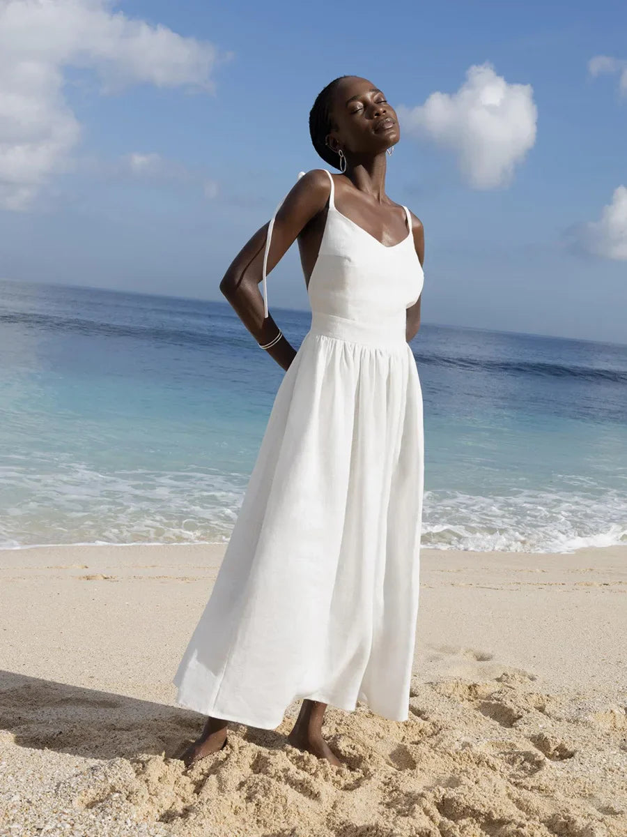 Vacation Dresses- Cotton Blend Summer Midi Sundress- White- Chuzko Women Clothing