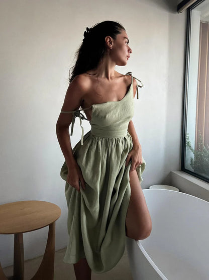 Vacation Dresses- Cotton Blend Summer Midi Sundress- Light green- Chuzko Women Clothing