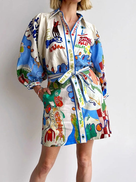 Vacation Dresses - Playful Linen Shirt Dress for Leisure