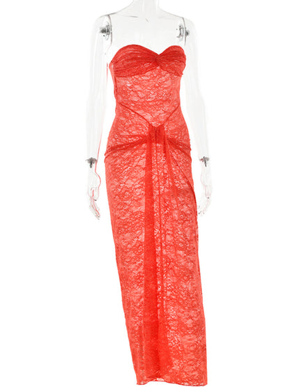 Vacation Dresses - Runway Sheer Lace Strapless Knot Dress