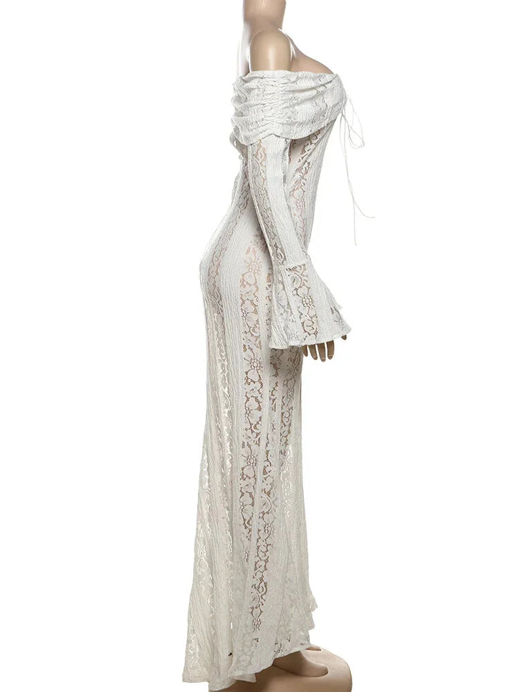 Vacation Dresses - Sheer Lace Off-Shoulder Draped Maxi Dress