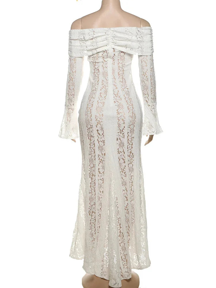 Vacation Dresses - Sheer Lace Off-Shoulder Draped Maxi Dress