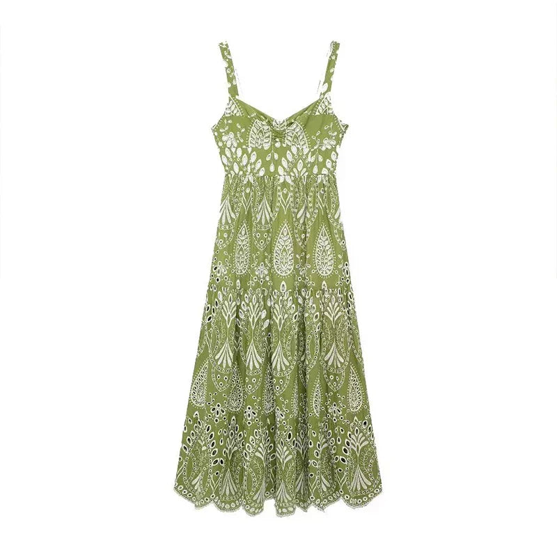 Vacation Dresses- Spring Elegance Embroidery Floral Midi Dress- Green- Pekosa Women Fashion