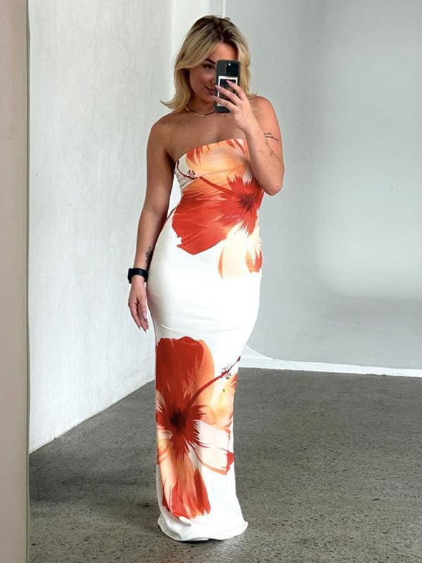 Vacation Dresses - Strapless Floral Sunset Cruise Tube Dress