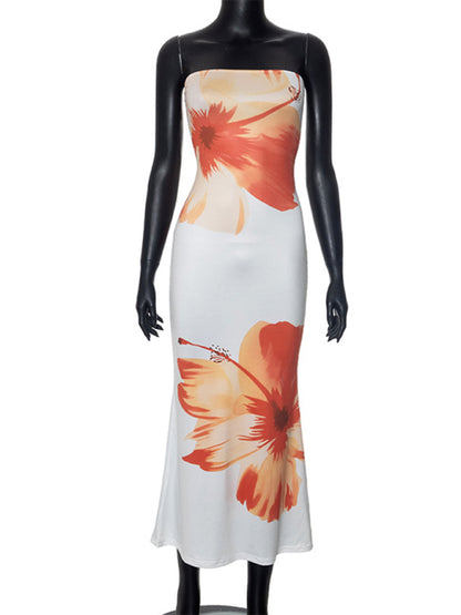 Vacation Dresses - Strapless Floral Sunset Cruise Tube Dress