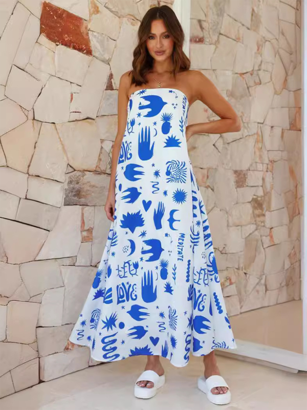 Vacation Dresses- Strapless Tunic Maxi Dress with Fruity Print for Honeymooners- - Chuzko Women Clothing