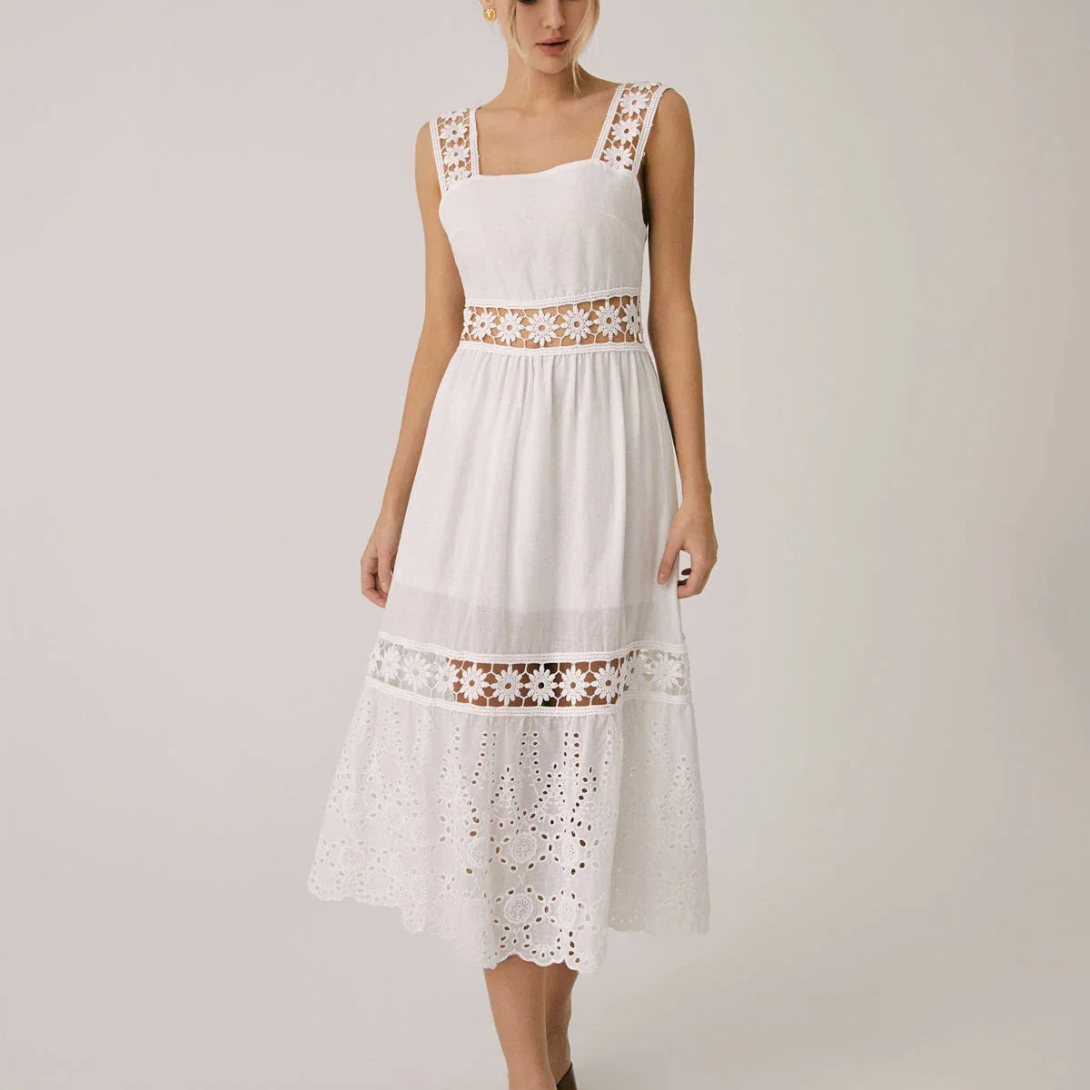 Vacation Dresses- Summer Romance Women's Fit & Flare Embroidered Midi Dress for Garden Parties- Embroidered Dress- Pekosa Women Fashion