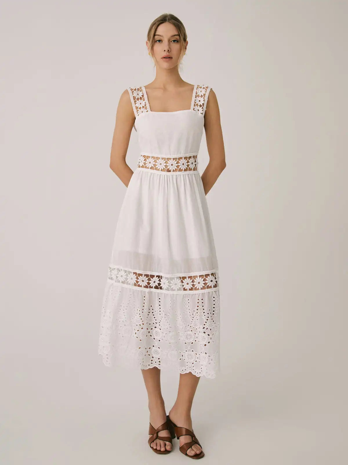 Vacation Dresses- Summer Romance Women's Fit & Flare Embroidered Midi Dress for Garden Parties- - Pekosa Women Fashion