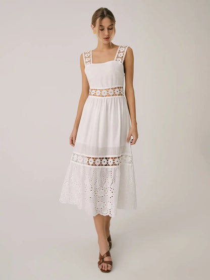 Vacation Dresses- Summer Romance Women's Fit & Flare Embroidered Midi Dress for Garden Parties- - Pekosa Women Fashion