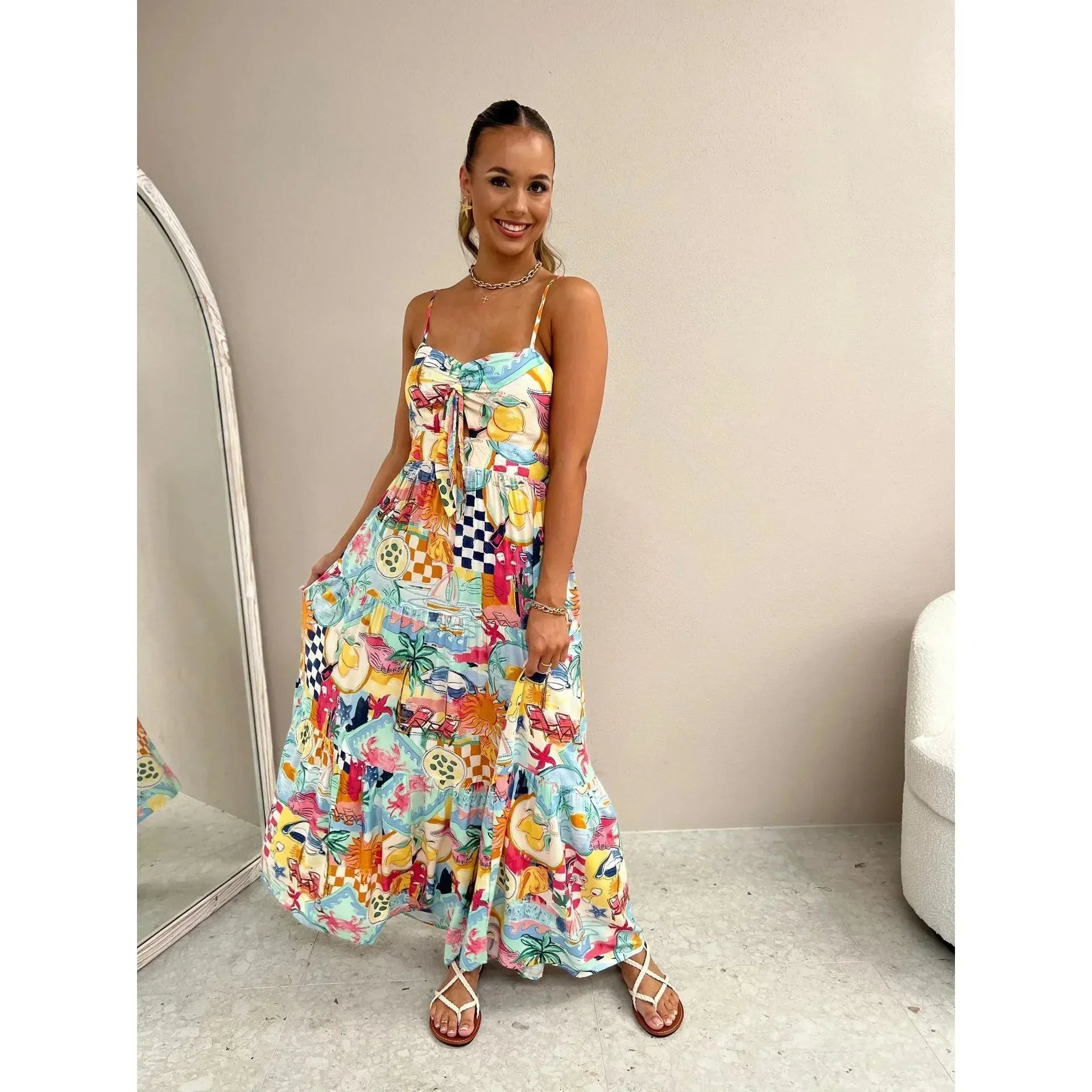 Vacation Dresses- Sunset Cruise Vibrant A-Line Midi Dress for Island Vacations- - Pekosa Women Fashion