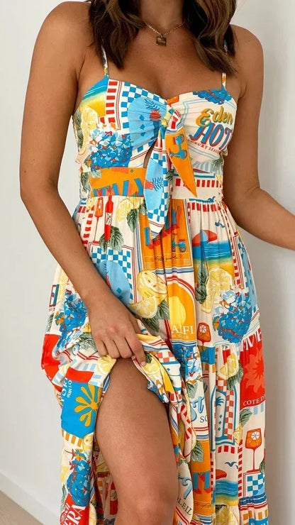 Vacation Dresses- Sunset Cruise Vibrant A-Line Midi Dress for Island Vacations- Fruity Print- Pekosa Women Fashion