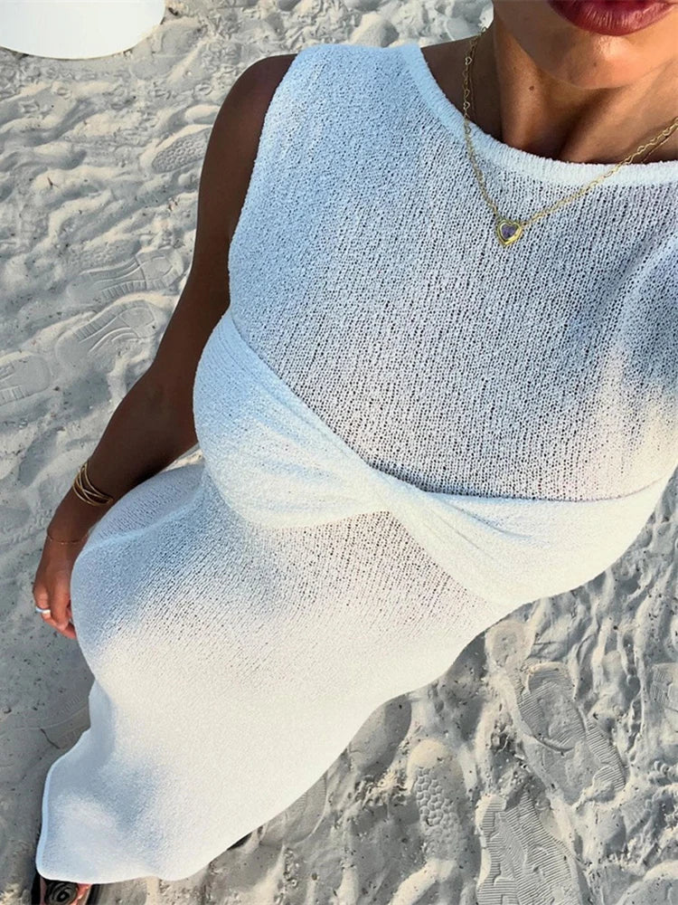 Vacation Dresses- Textured See-Through Body-Hugging Maxi Dress - Mermaid-Inspired- WHITE- Chuzko Women Clothing