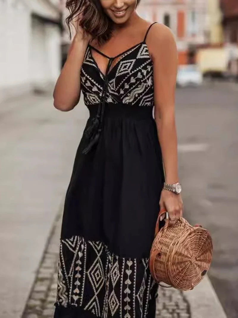 Vacation Dresses- Tribal-Inspired Embroidered Maxi Dress- - Pekosa Women Fashion