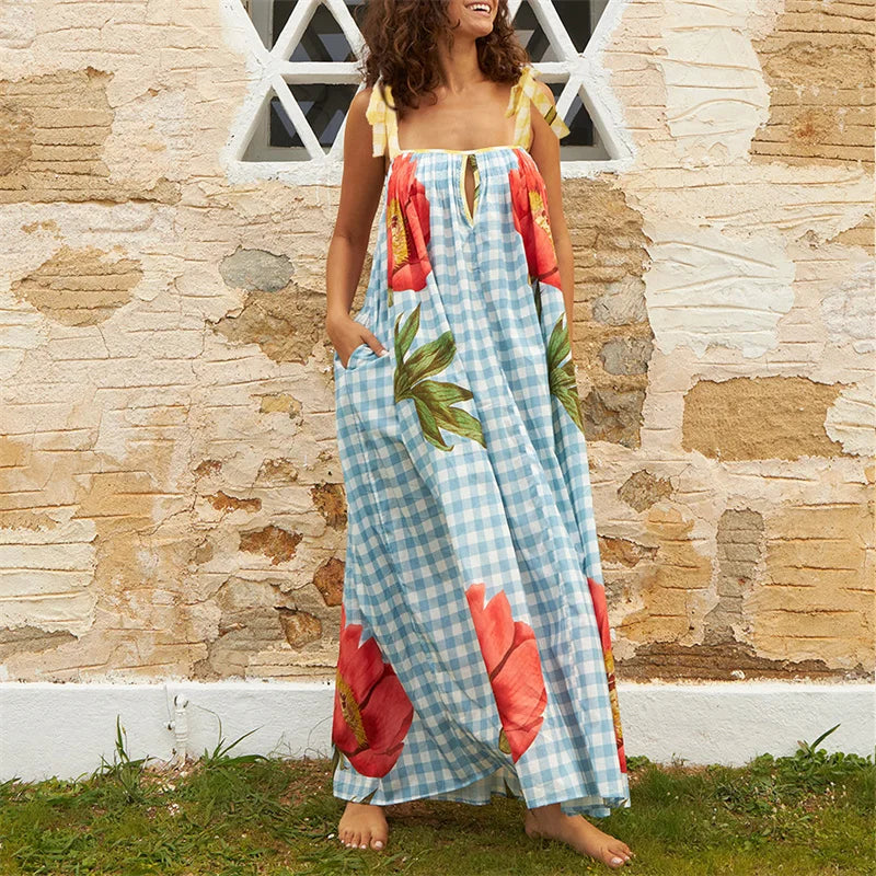 Tulip Print Vacation Off-Shoulder Loose Maxi Dress