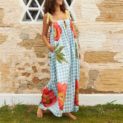 Tulip Print Vacation Off-Shoulder Loose Maxi Dress