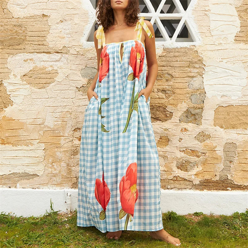 Robe longue ample à épaules dénudées et imprimé tulipes