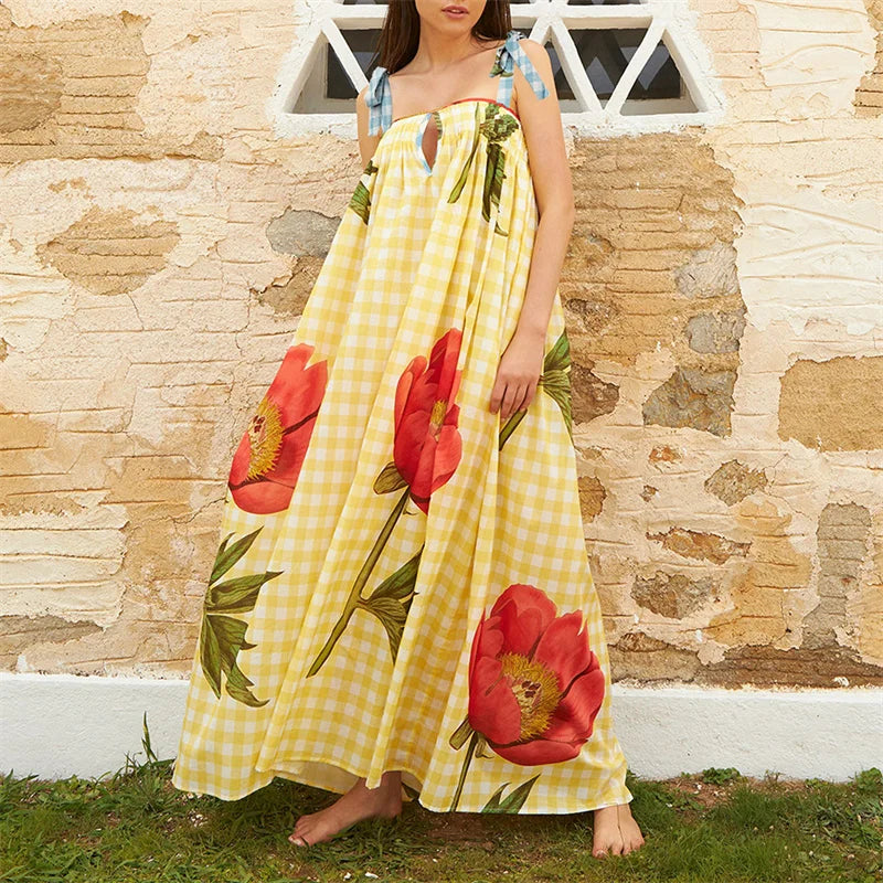 Robe longue ample à épaules dénudées et imprimé tulipes