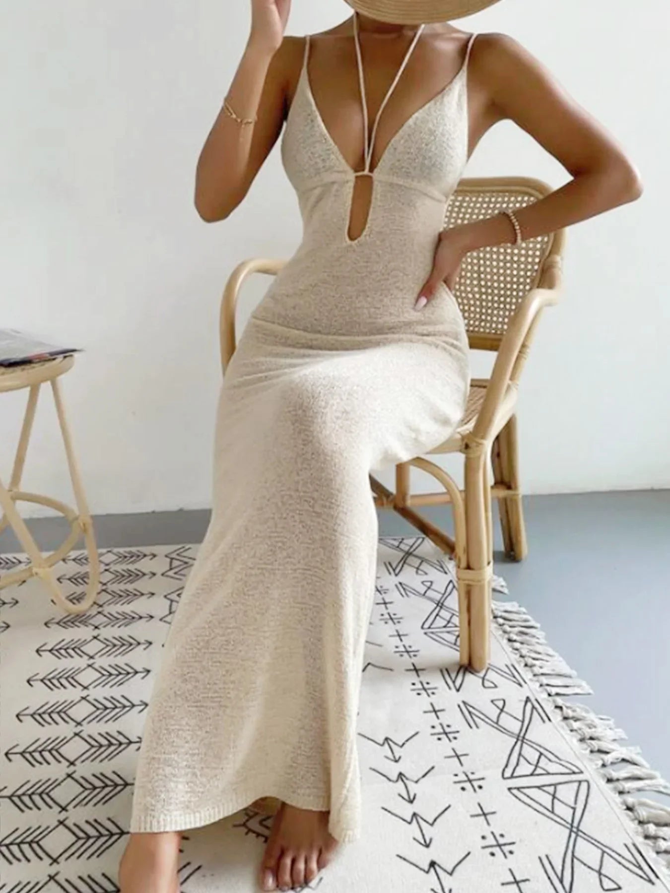 Vacation Dresses- Vacay Knitting See-Through Cami Maxi Dress for Women- Khaki- Chuzko Women Clothing