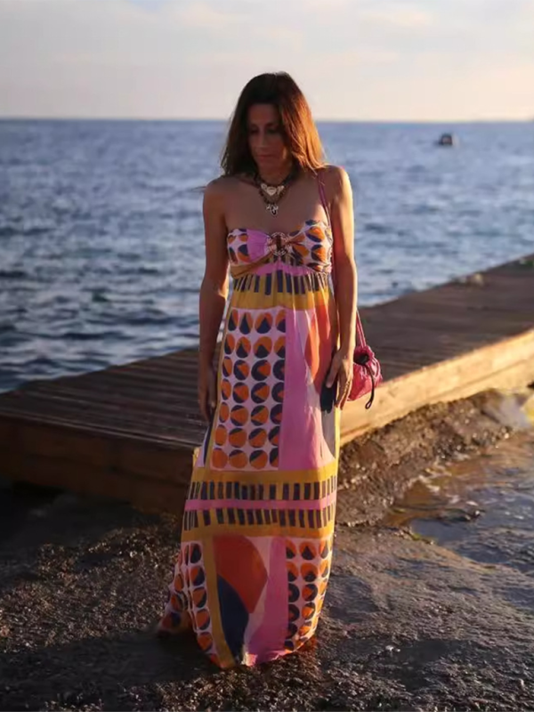 Vacation Dresses- Vibrant Boho Halter Maxi Dress for Vacays- - Pekosa Women Fashion