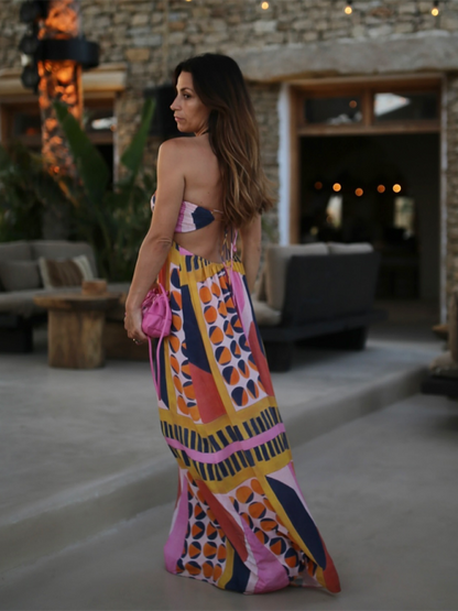 Vacation Dresses- Vibrant Boho Halter Maxi Dress for Vacays- Pink- Pekosa Women Fashion