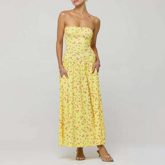 Vacation Dresses- Vibrant Yellow Floral Garden Party Tube Fit & Flare Maxi Dress- - Pekosa Women Fashion