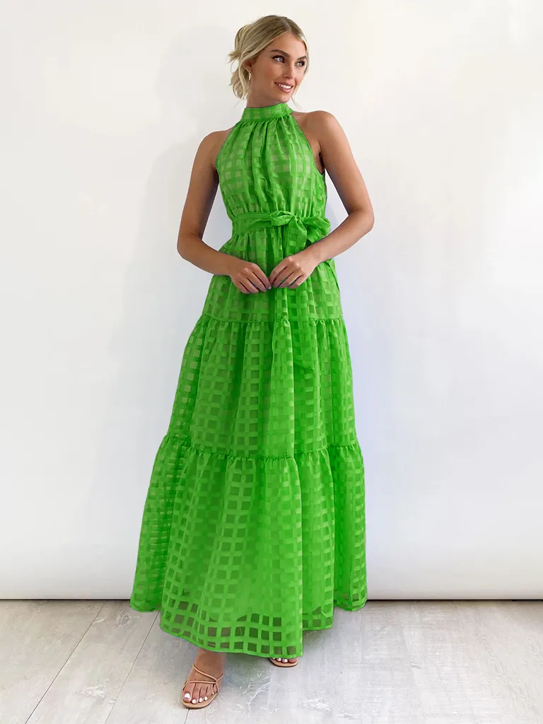 Vacation Dresses- Women Tiered Halter Maxi Dress for Your Next Holiday- Green- Pekosa Women Fashion