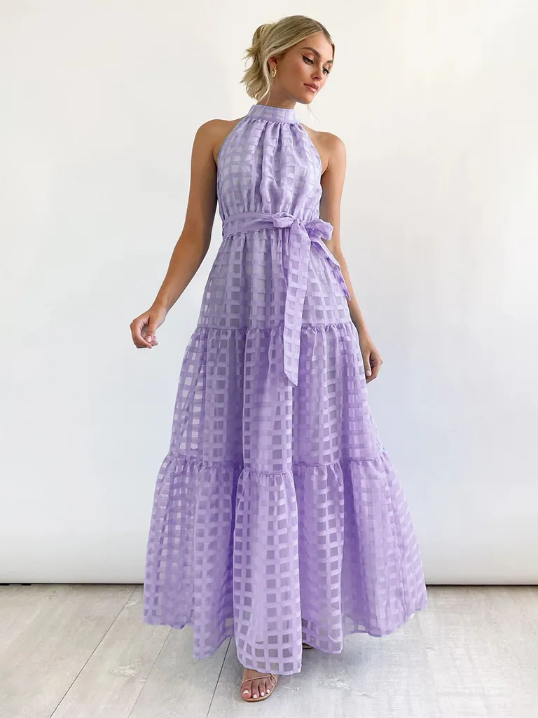 Vacation Dresses- Women Tiered Halter Maxi Dress for Your Next Holiday- Purple- Pekosa Women Fashion