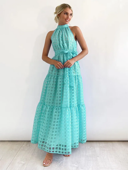 Vacation Dresses- Women Tiered Halter Maxi Dress for Your Next Holiday- Light Blue- Pekosa Women Fashion