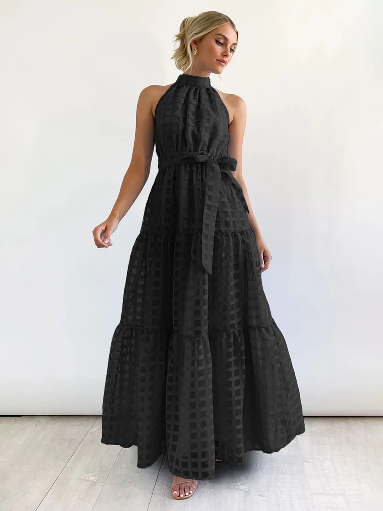 Vacation Dresses- Women Tiered Halter Maxi Dress for Your Next Holiday- Black- Pekosa Women Fashion