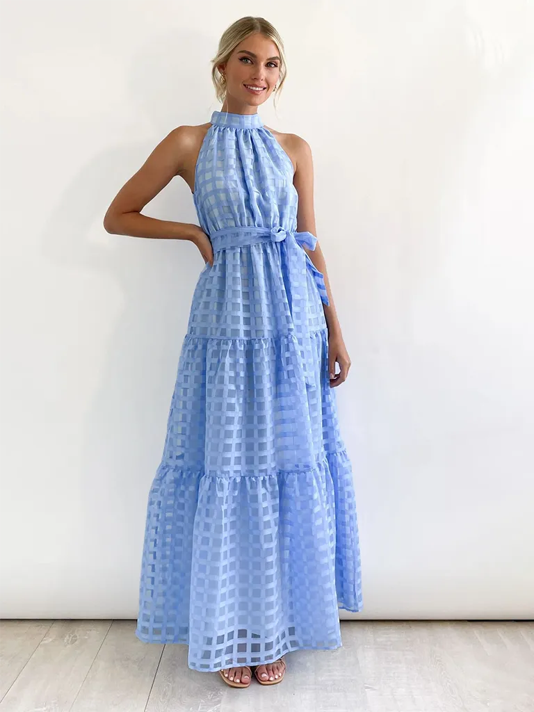 Vacation Dresses- Women Tiered Halter Maxi Dress for Your Next Holiday- Blue- Pekosa Women Fashion