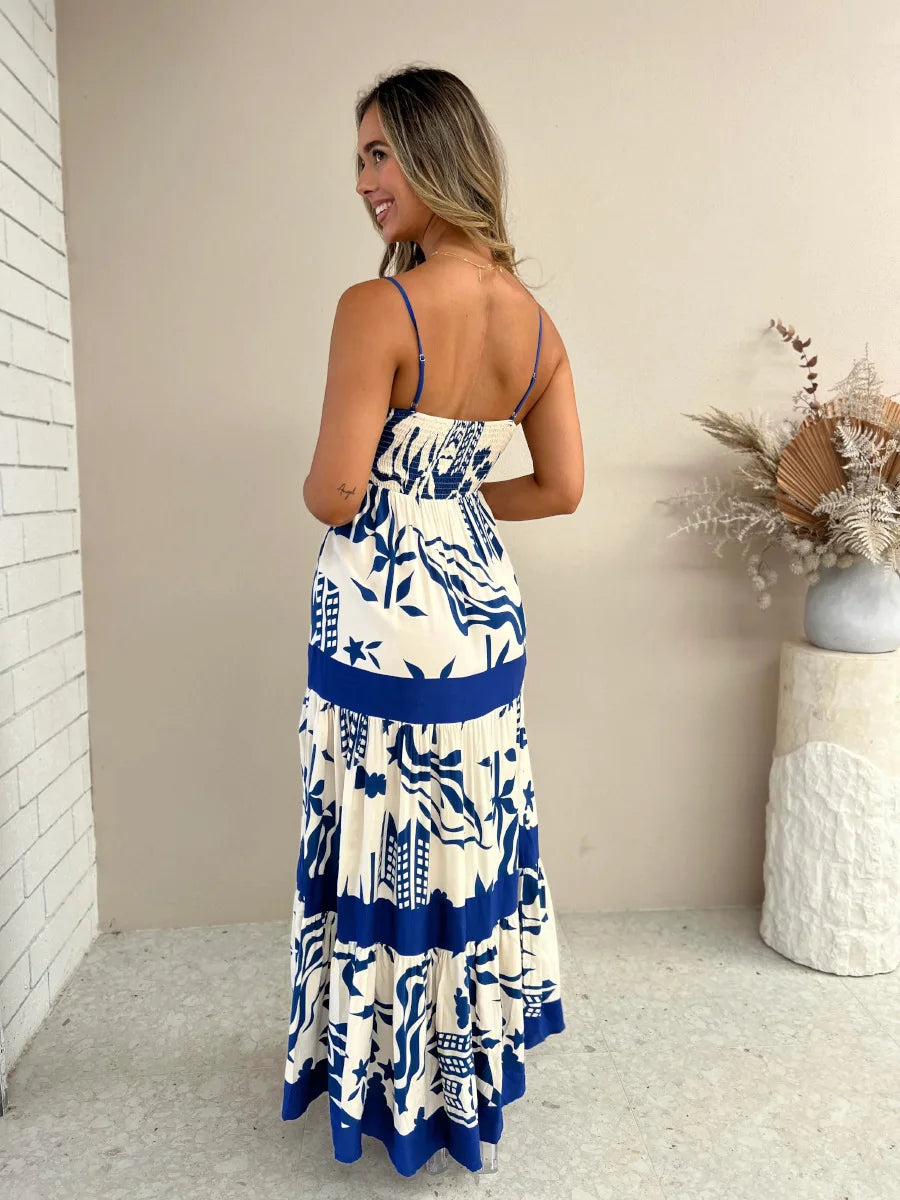 Vacation Dresses- Women Tropical Print Vacation Cami Maxi Dress- - Pekosa Women Fashion