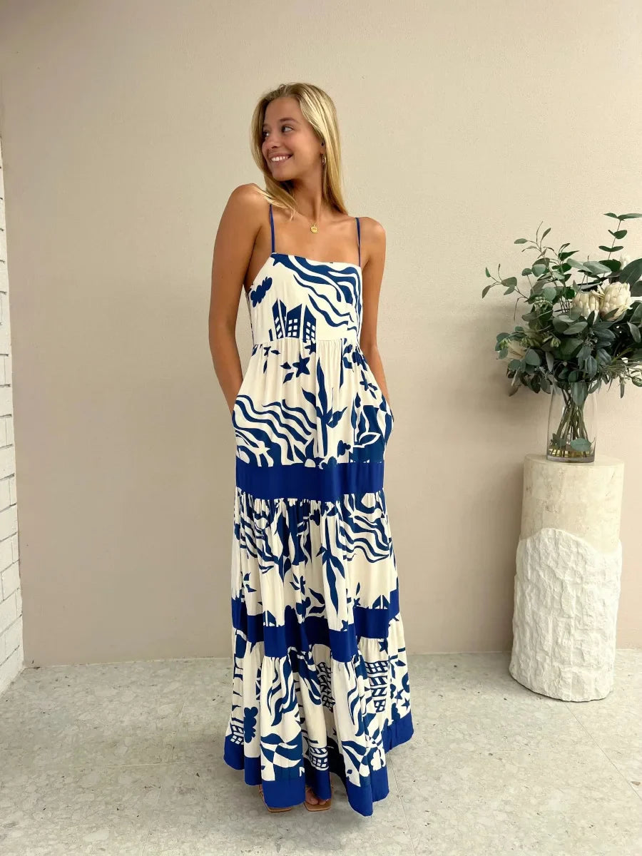 Vacation Dresses- Women Tropical Print Vacation Cami Maxi Dress- - Pekosa Women Fashion