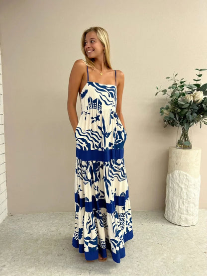 Vacation Dresses- Women Tropical Print Vacation Cami Maxi Dress- - Pekosa Women Fashion