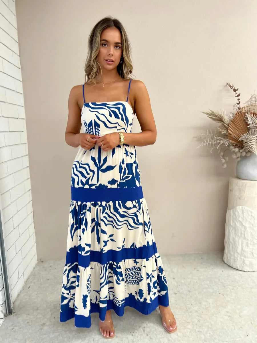 Vacation Dresses- Women Tropical Print Vacation Cami Maxi Dress- - Pekosa Women Fashion