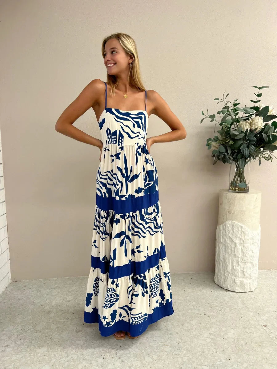 Vacation Dresses- Women Tropical Print Vacation Cami Maxi Dress- - Pekosa Women Fashion